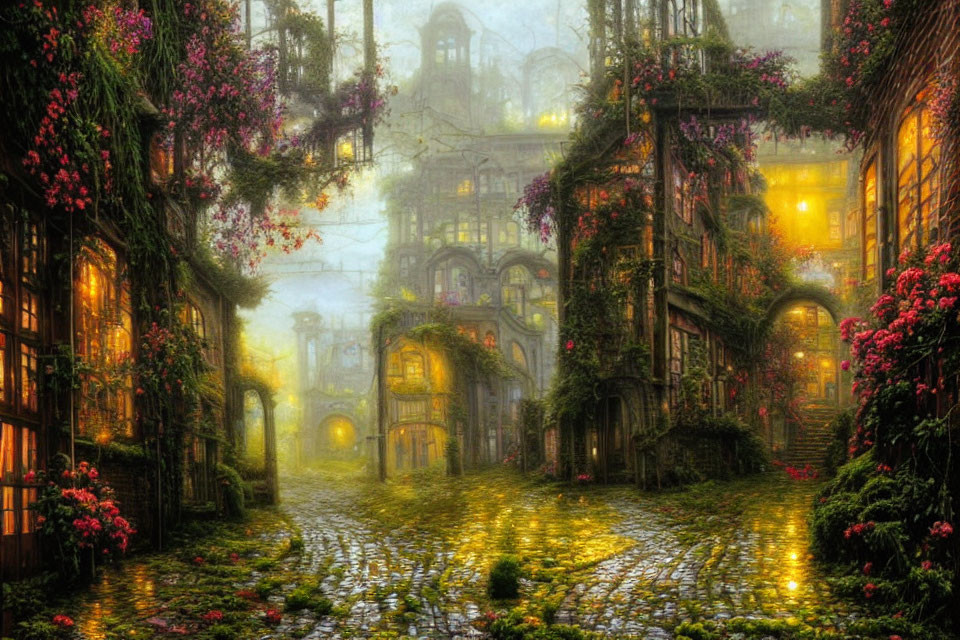 Enchanted cobblestone street with ivy-covered buildings and glowing windows