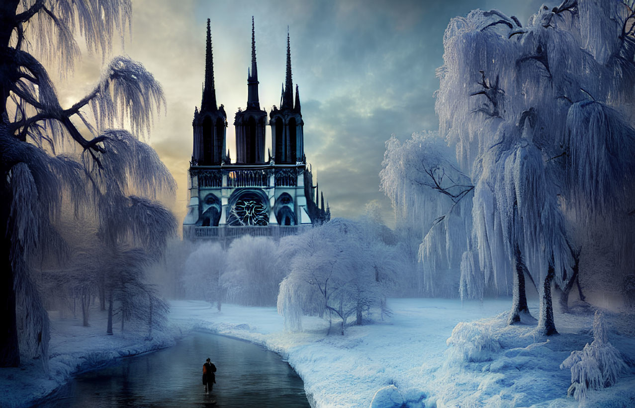 Gothic cathedral in wintry landscape with frozen trees and serene blue hue
