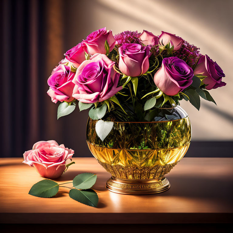 Pink Roses Bouquet in Golden Vase by Sunlit Window