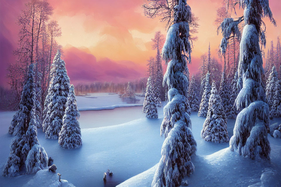 Winter landscape: Snow-covered pines at sunset above frozen river