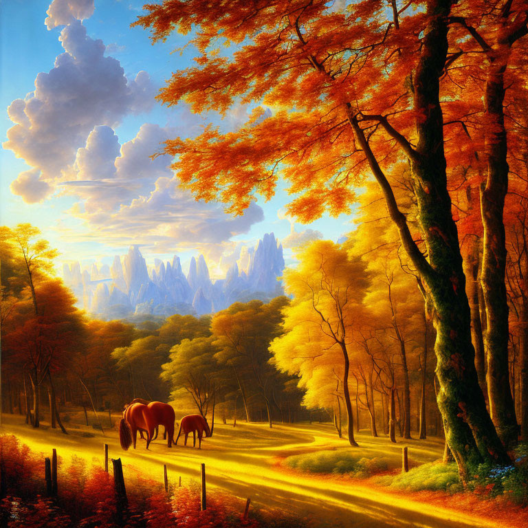 Autumnal forest painting: Horses on path with cityscape, golden leaves