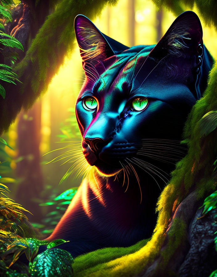 Vibrant digital art: Blue and black cat with glowing eyes in lush jungle