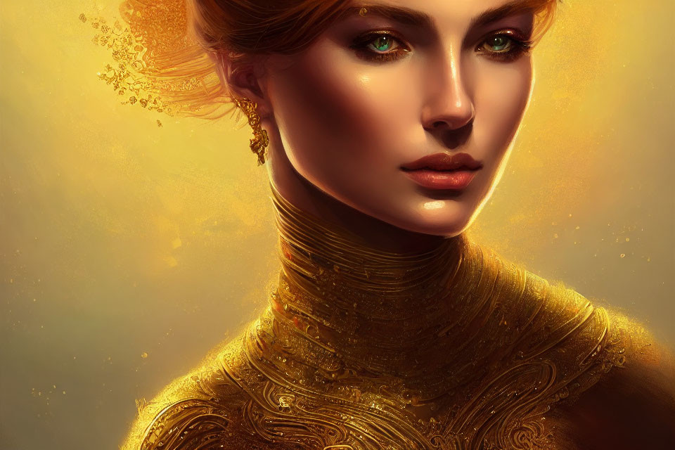 Digital artwork featuring woman with green eyes, ornate gold jewelry, and clothing in warm, golden light