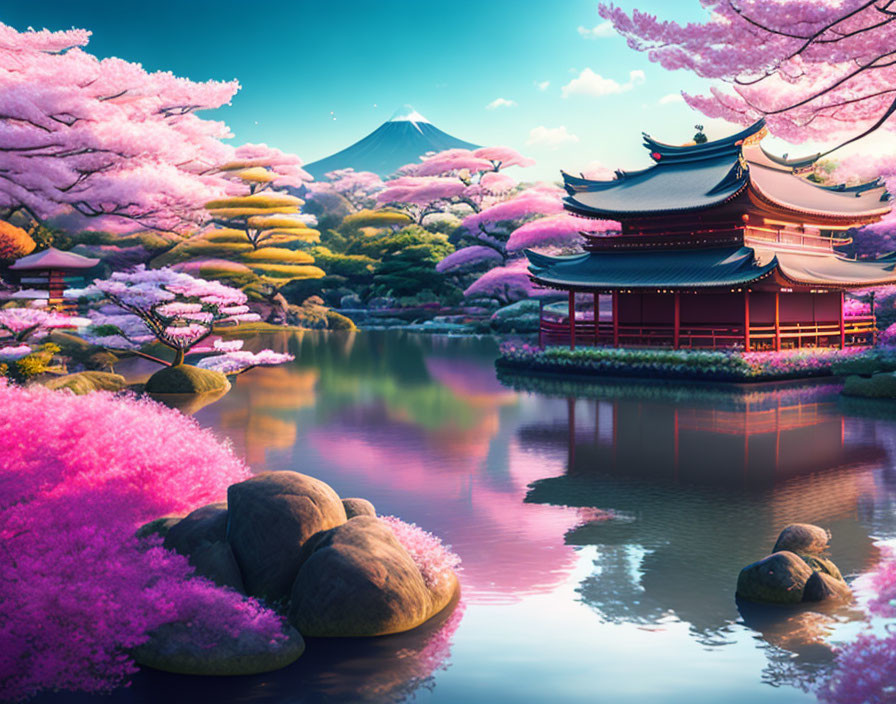 Traditional Japanese building by calm pond with cherry blossoms and Mount Fuji.