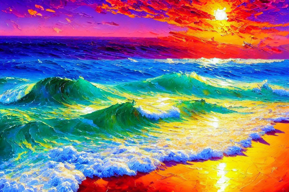 Colorful Seascape with Rolling Waves and Red Purple Sky