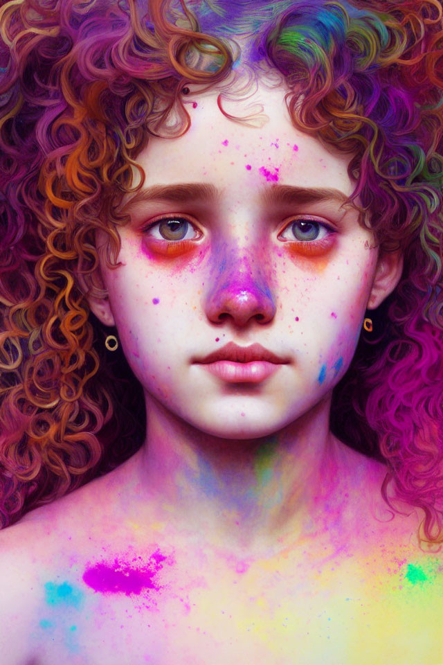 Vibrant purple and orange curly hair with colorful powder on face