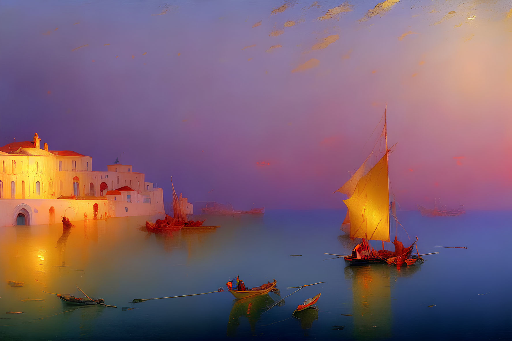 Tranquil harbor at dusk with boats and golden sailboat in serene sunset scene