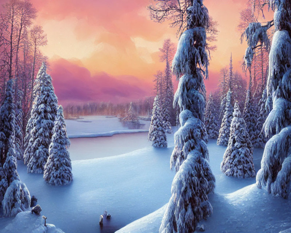 Winter landscape: Snow-covered pines at sunset above frozen river