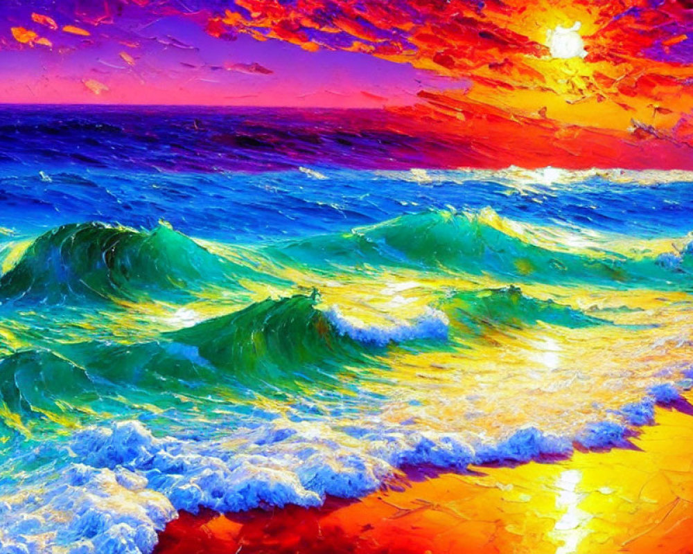 Colorful Seascape with Rolling Waves and Red Purple Sky