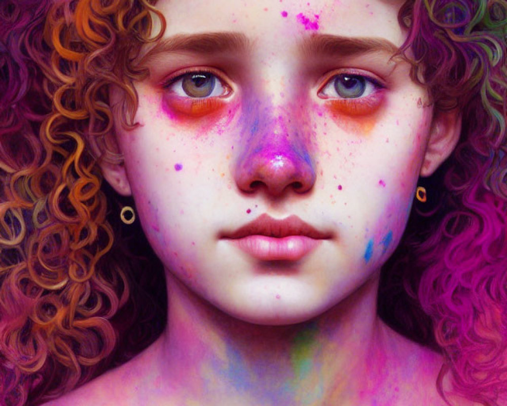 Vibrant purple and orange curly hair with colorful powder on face