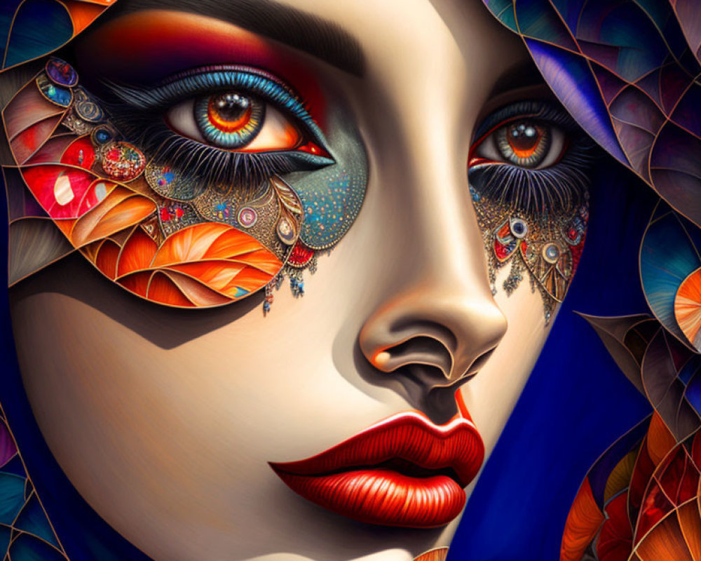 Colorful makeup and jeweled eyes on a woman in autumn leaves.