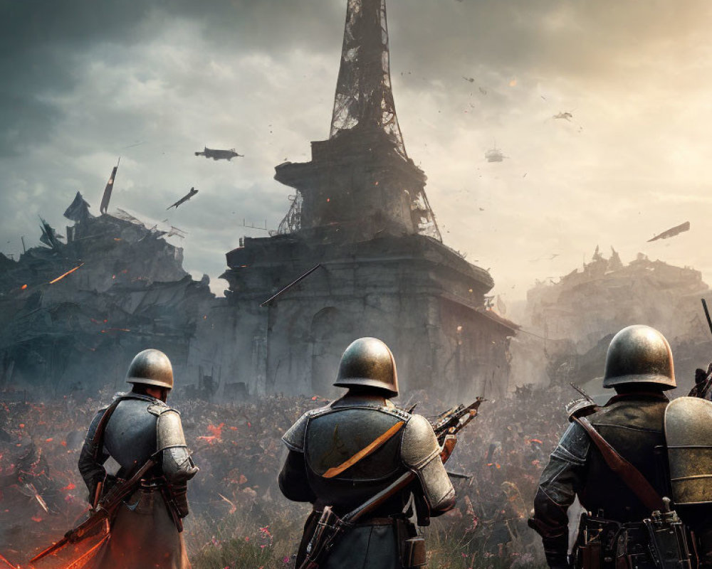 Futuristic soldiers observe destroyed Eiffel Tower in fiery battlefield