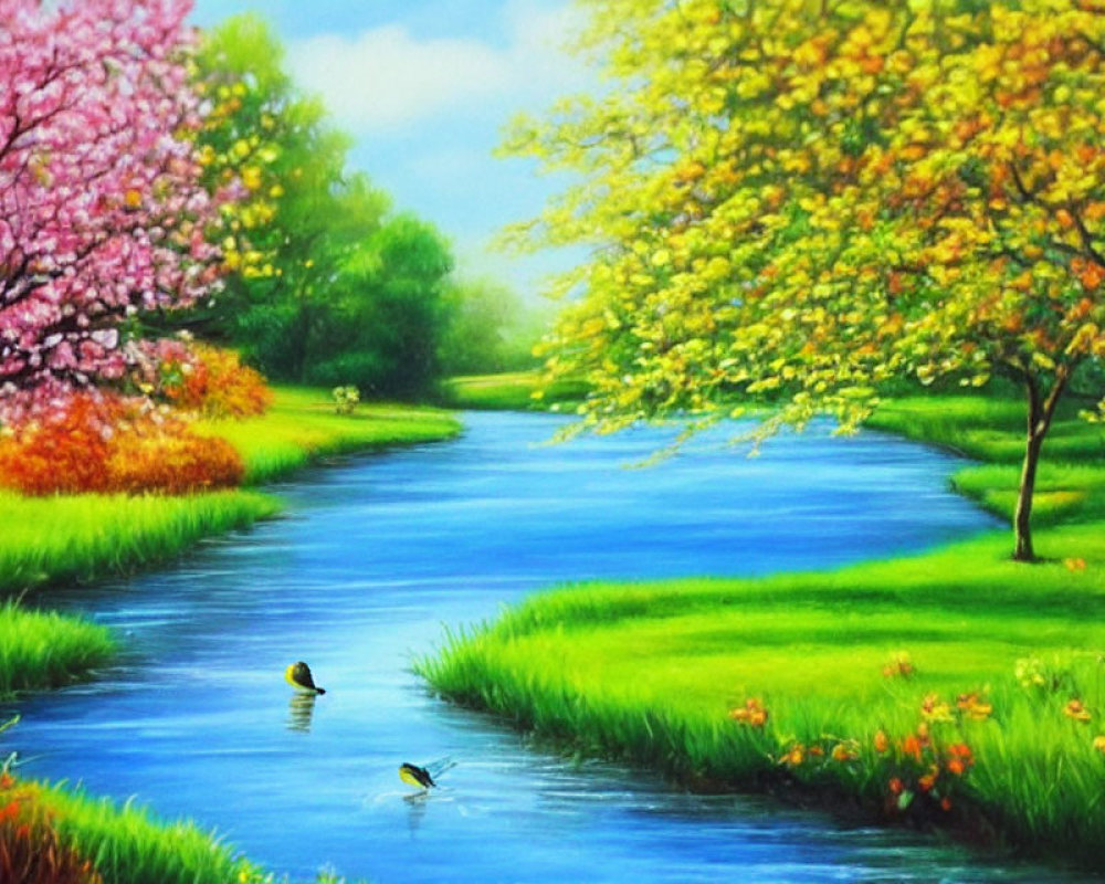Colorful Landscape with Serene River and Blooming Trees