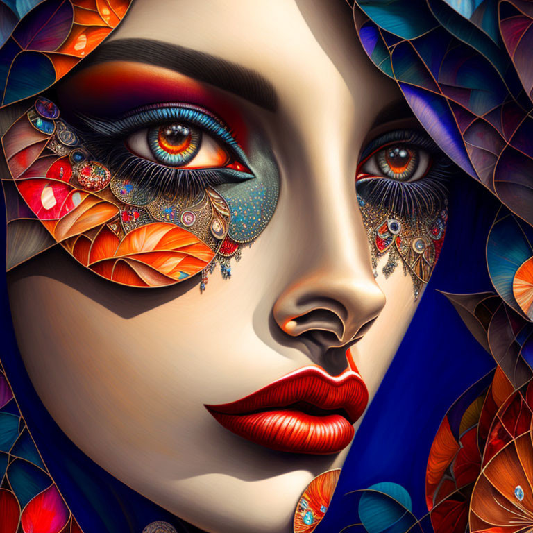 Colorful makeup and jeweled eyes on a woman in autumn leaves.