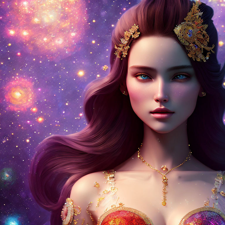 Fantasy portrait of woman with long purple hair and celestial jewelry