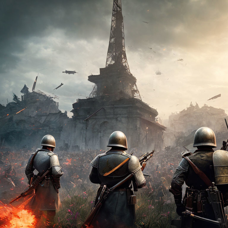 Futuristic soldiers observe destroyed Eiffel Tower in fiery battlefield