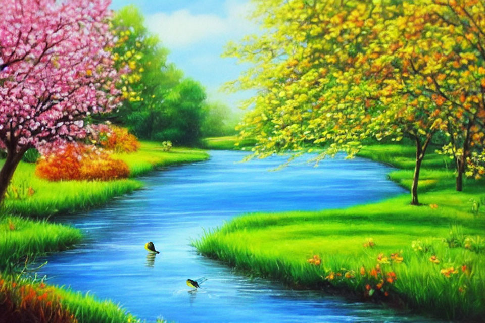 Colorful Landscape with Serene River and Blooming Trees
