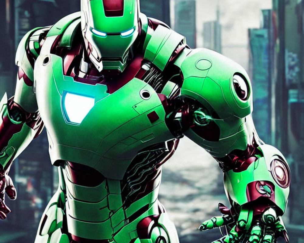 Futuristic green and silver armored suit with glowing lights in urban setting