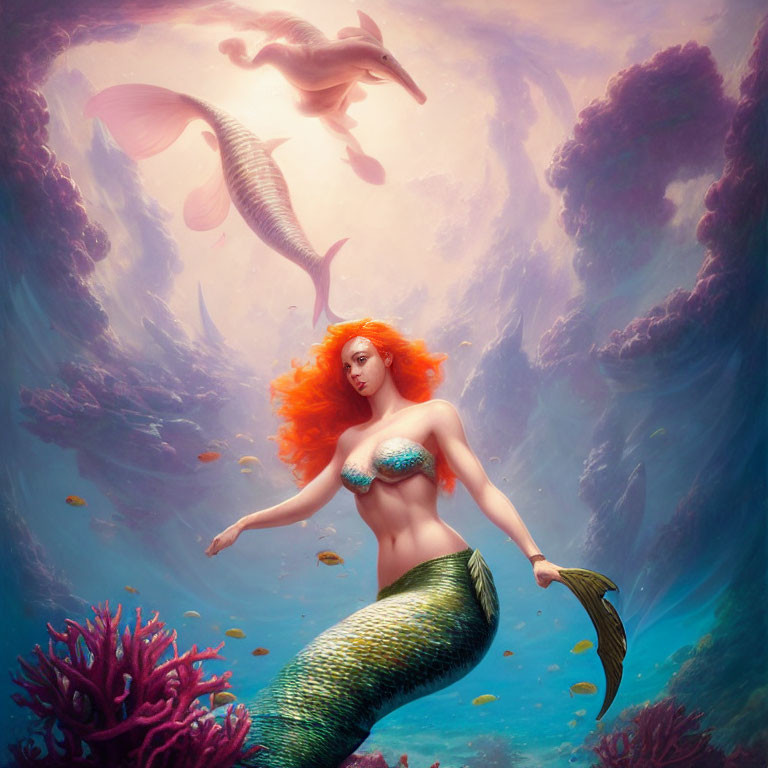 Colorful Mermaid with Red Hair and Green Tail Surrounded by Coral and Dolphins