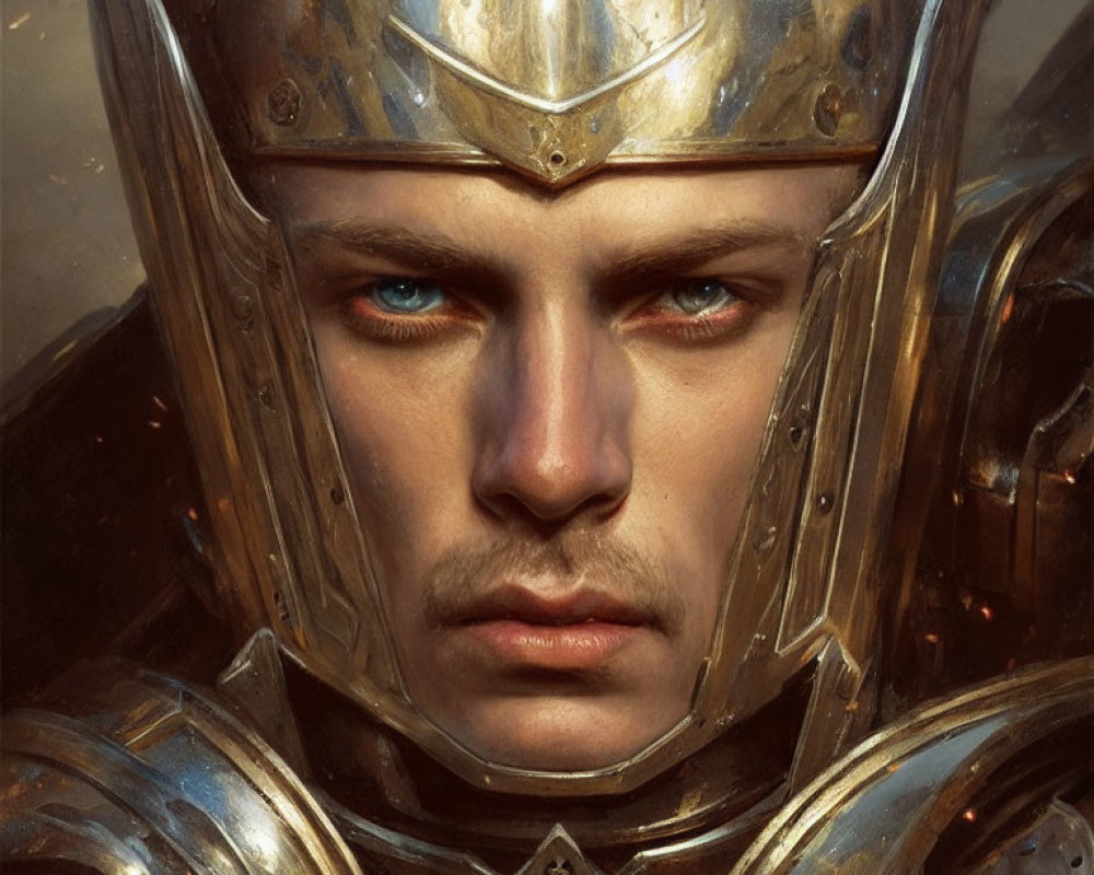 Detailed Close-Up Portrait of Stern-Faced Individual in Medieval Knight Armor