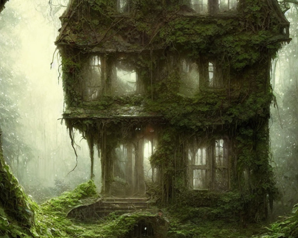 Mysterious overgrown house in misty forest setting