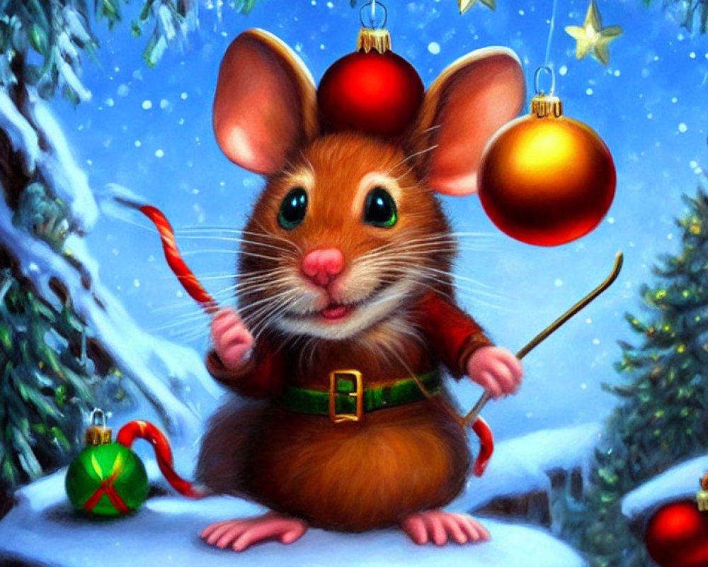 Festive Animated Mouse with Candy Cane in Snowy Christmas Scene