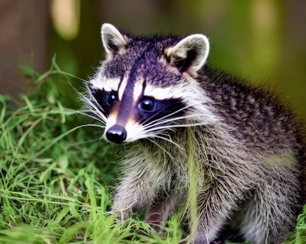 Curious raccoon with black mask and striped tail in green grass.