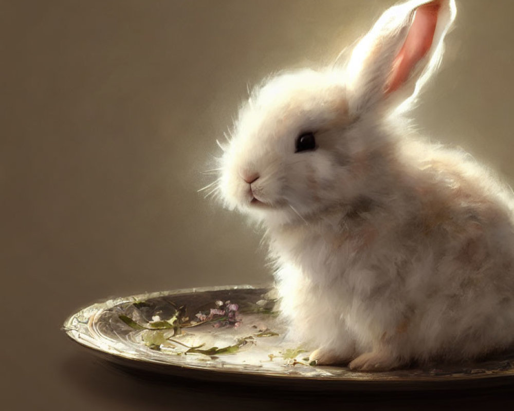 White and Brown Bunny on Silver Plate with Greenery on Neutral Background