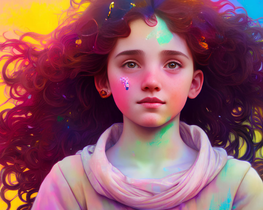 Colorful portrait of young girl with curly hair and paint splashes on face