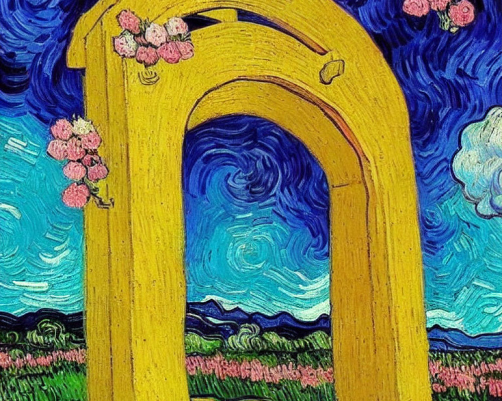Colorful painting of yellow archway with pink flowers against blue sky and green landscape