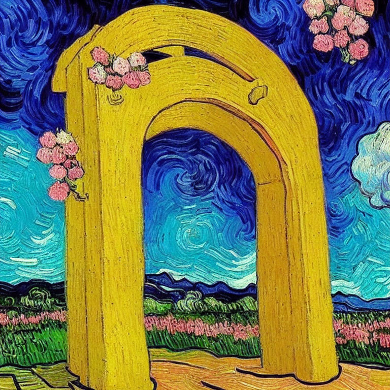 Colorful painting of yellow archway with pink flowers against blue sky and green landscape