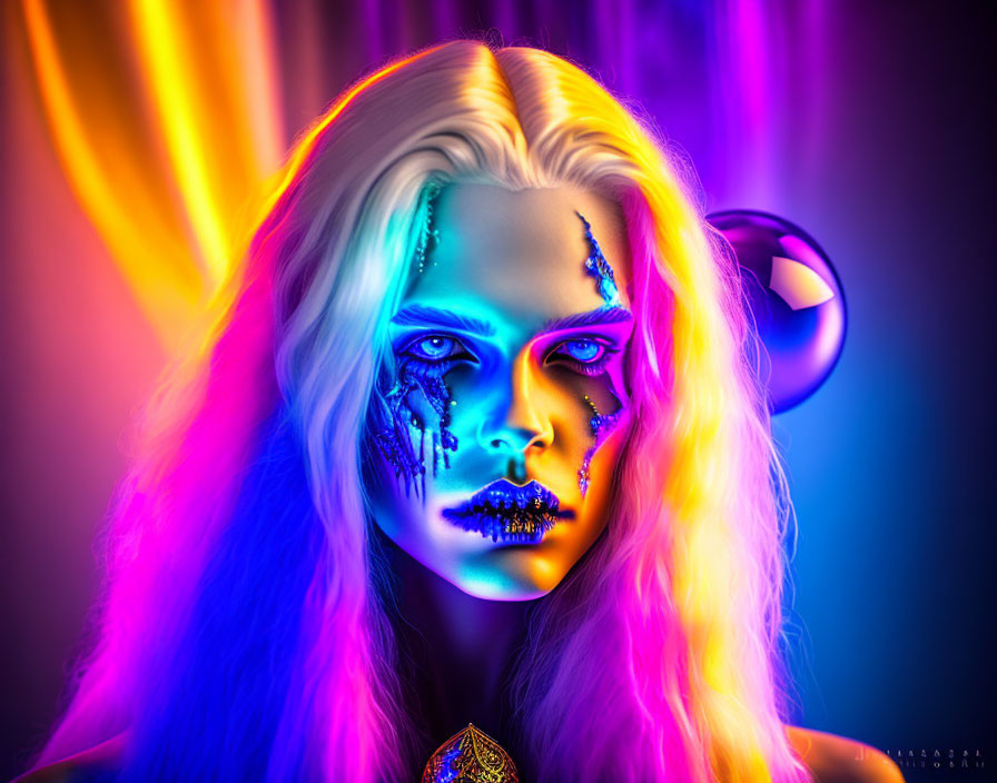 Portrait of a person with platinum blonde hair and vibrant blue and magenta lighting, adorned with intricate facial