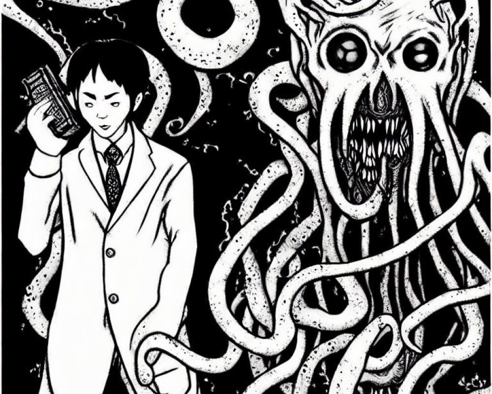 Monochrome illustration of person with tentacled book and creature with multiple eyes