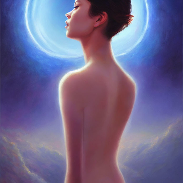 Bare-backed woman with glowing halo in serene setting