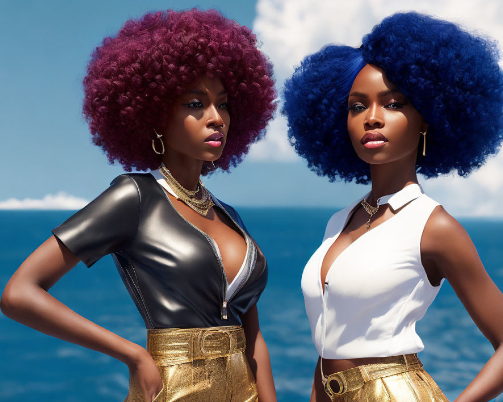 Two women with vibrant red and blue afro hairstyles in stylish outfits against a bright blue ocean.