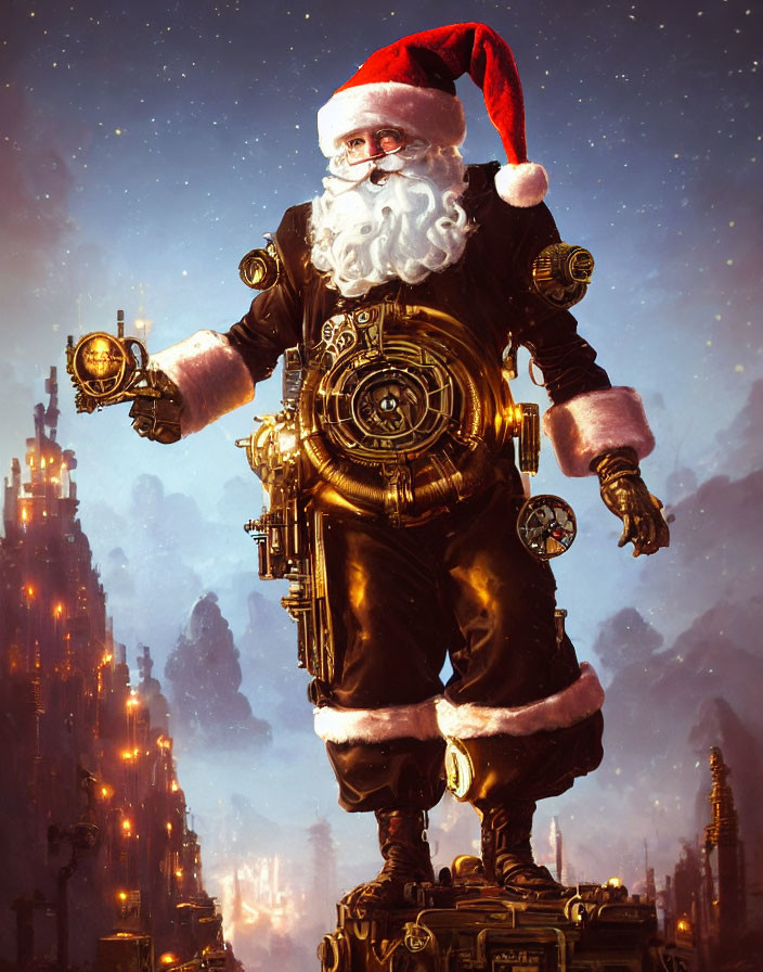 Steampunk Santa Claus with brass goggles and clockwork elements in a fantastical setting