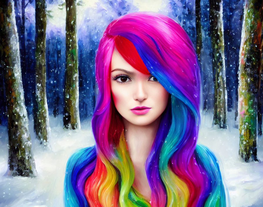 Person with Vibrant Multicolored Hair in Snowy Forest Scene