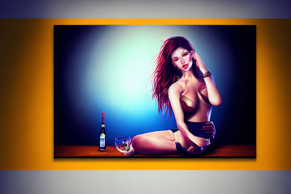 Stylized woman with wine bottle and glass on blue gradient background framed in yellow.