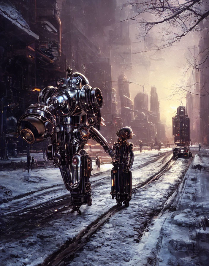 Futuristic snowy city street with humanoid robot and person carrying briefcases