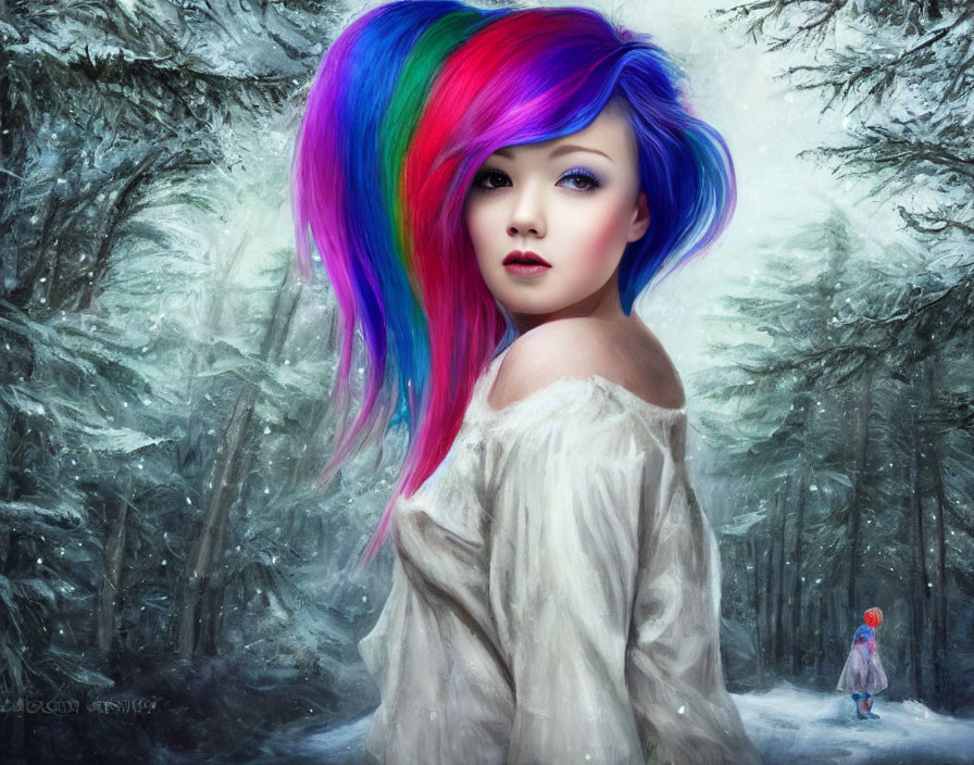 Vibrant rainbow-haired woman in snowy forest with distant figure