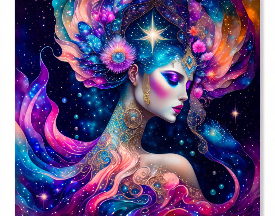 Colorful woman illustration with cosmic hair and galaxy backdrop