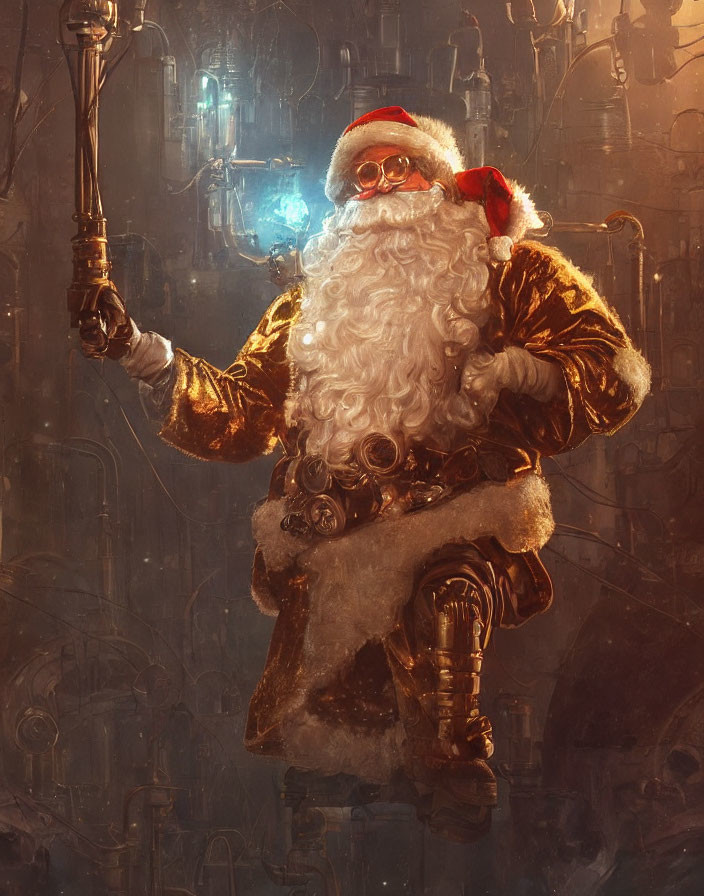 Futuristic Santa Claus in golden suit with mechanical staff among complex machinery