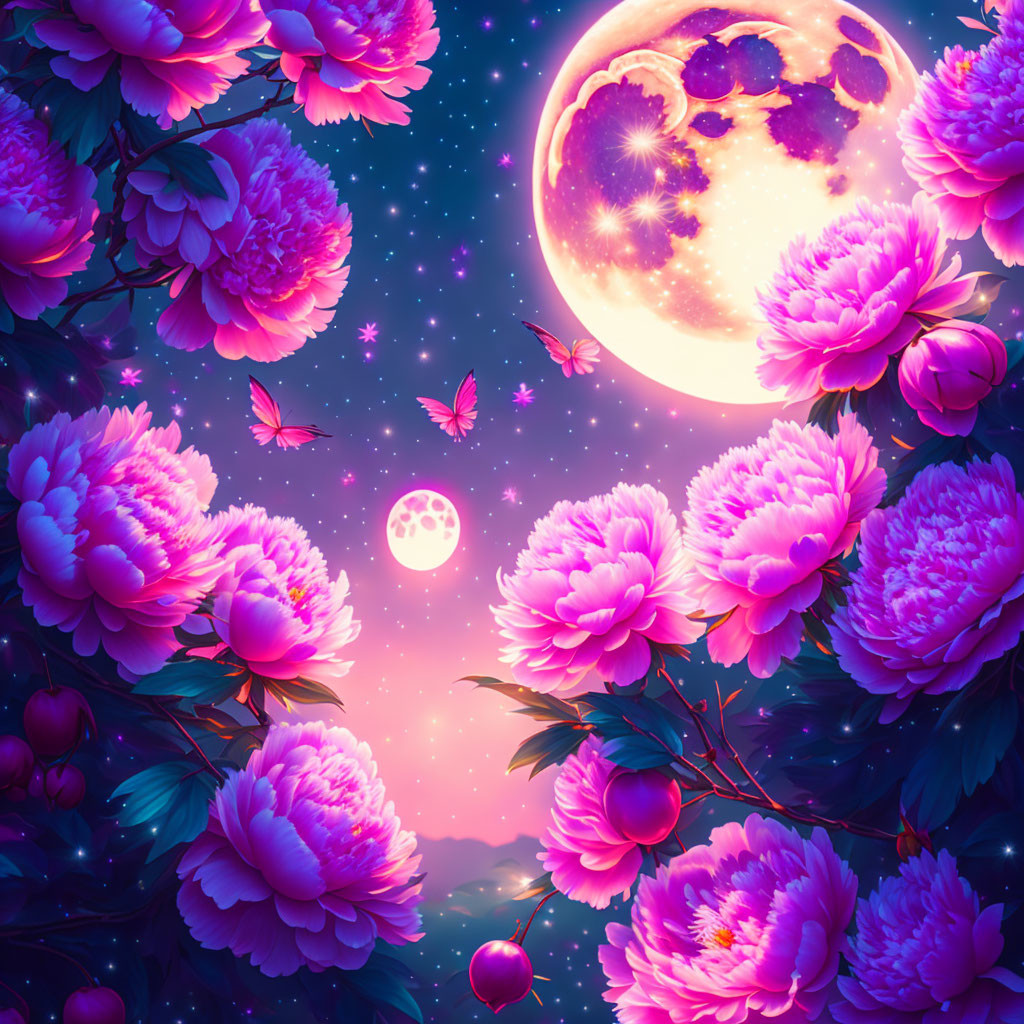 Fantasy night sky with oversized pink peonies and moons