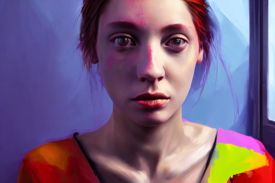 Vivid digital painting of a young woman with red hair and striking eyes