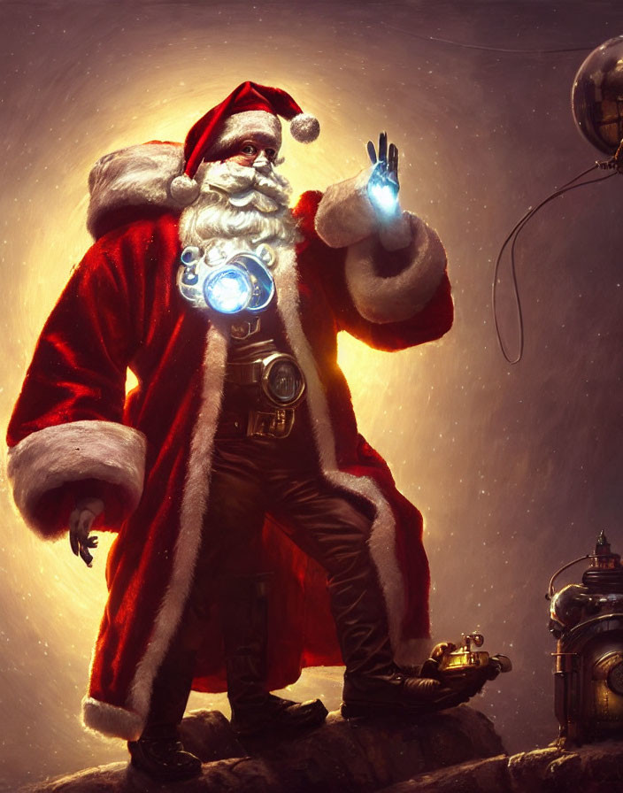 Futuristic Santa Claus with glowing gadgets and mechanical sleigh
