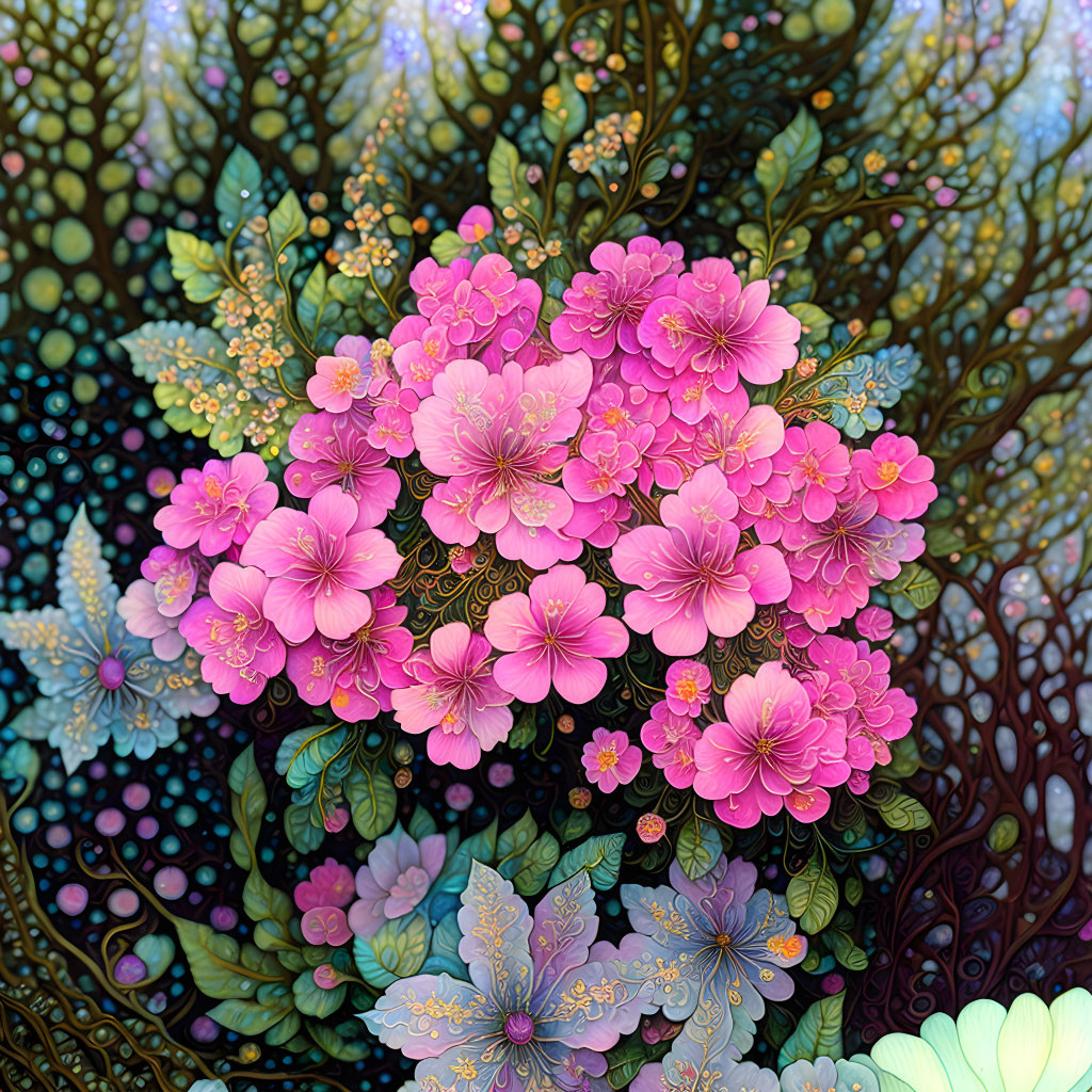 Colorful digital artwork: Pink flowers with golden details in a fantasy forest.