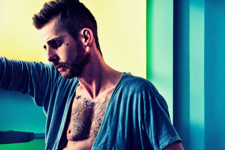 Bearded man with tattoos in partially unbuttoned shirt against colorful backdrop