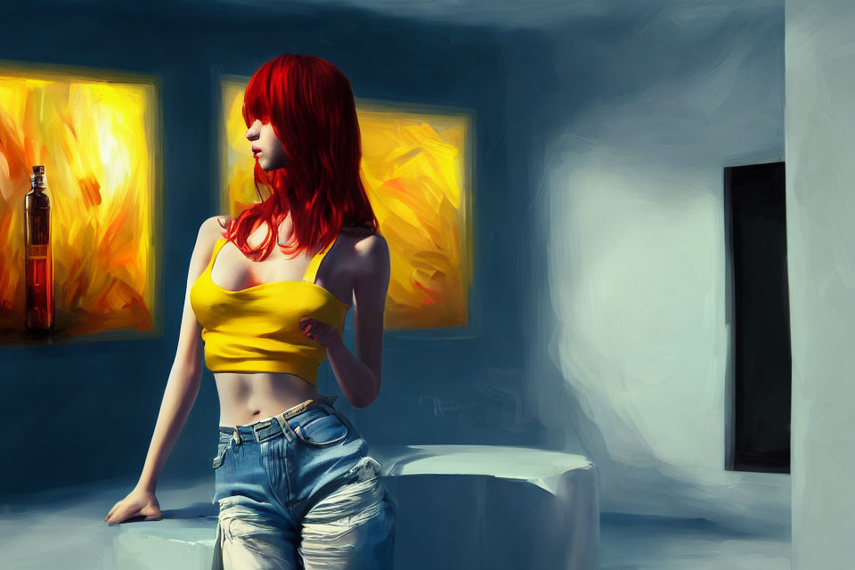 Digital painting of a woman with red hair in yellow top and blue jeans in a blue-toned room
