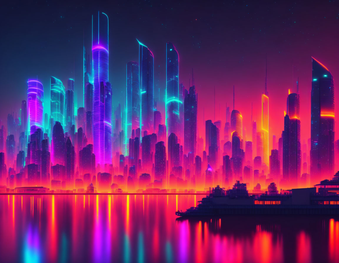 Futuristic city skyline at night with neon-lit skyscrapers and starry sky