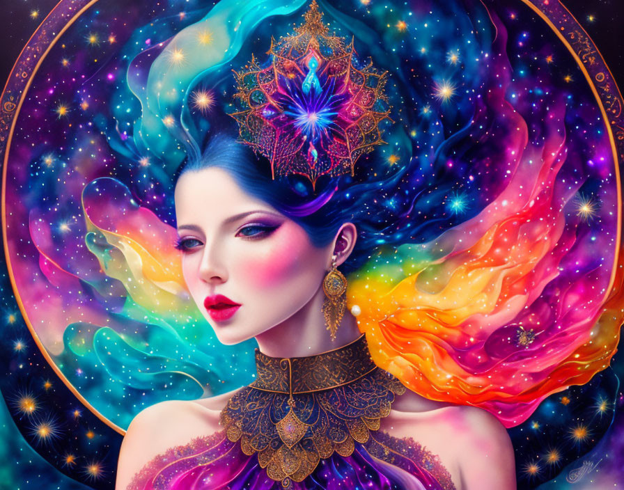 Colorful woman with blue skin and nebula-like hair in cosmic setting
